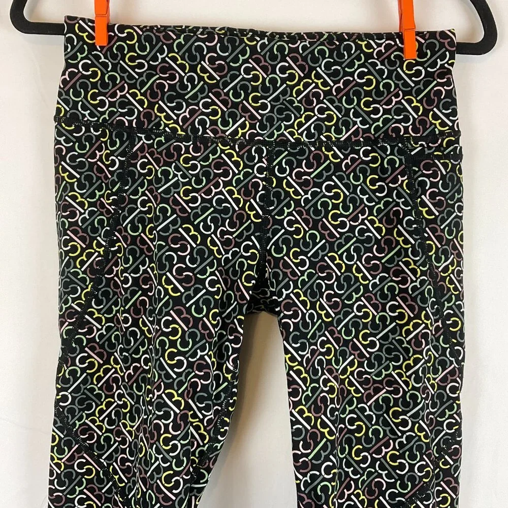 Sweaty Betty Power Crop Leggings 4/6 Black Yellow Green Pink Monogram Print Tech